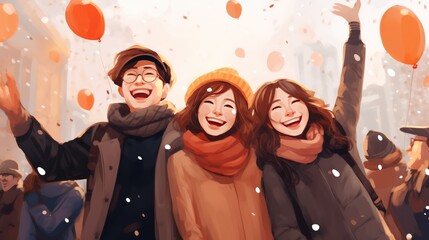 happy new year photo with people laughing happily