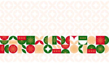 Christmas banner with geometric pattern in red and green colors, snowflakes and Christmas trees
