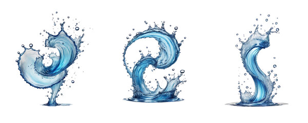 Set of Blue water swirl splash with little bubbles isolated on clear png background, liquid flowing in form of wave, with Generative Ai.
