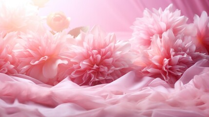 Pink flowers and petals on pink silk background