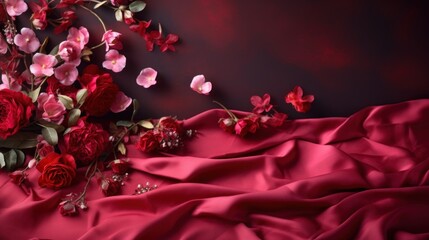 Pink and red flowers and petals on a dark red background with silk