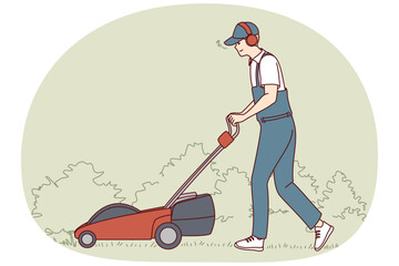 Man in uniform cut grass with electric lawn mower. Employee or worker push grass trimmer machine outdoors. Vector illustration.