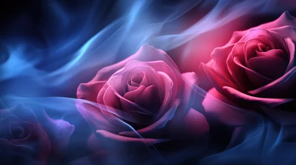 Poster Blue, red, and purple neon rose with smoke. © tashechka