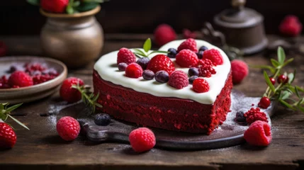 Fotobehang Heart shape cake with berries © tashechka