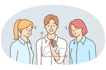 Smiling businesspeople work discuss financial chart