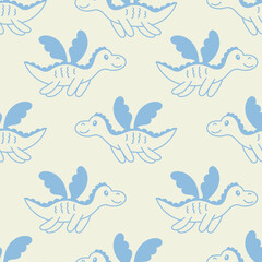 Childish pastel seamless pattern with cute dragon. Simple hand drawn endless background with fantastic flying animal. Repeat vector illustration for kids, fabric, textile