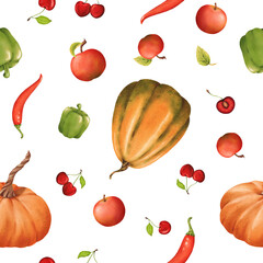 Seamless harvest pattern. pumpkins apples paprika chili peppers, and cherries. Delicious nutritious vegetables, fruits and berries. For kitchen, textiles, home, and garden. Watercolor illustration