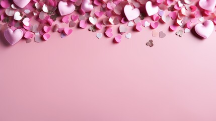 Fototapeta na wymiar Valentines day card banner with Heart confetti falling over pink cloud background for greeting cards
