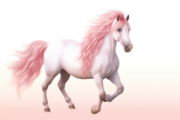 Soft pink horse with fluffy tail and mane on white background