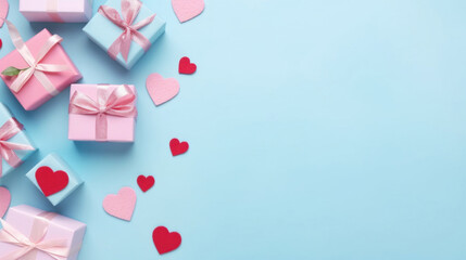 Pink gift boxes with hearts on blue background. Top view
