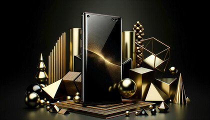 A geometric still life showcasing a smartphone encased by various three-dimensional shapes, such as prisms, spheres, and cubes, all rendered in a polished gold and black palette. The design suggests s