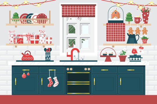 Christmas in decorated festive kitchen interior with kitchenware and dessert.