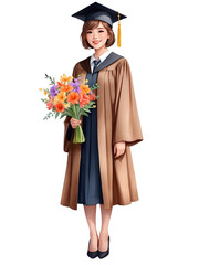 Watercolor illustration of a woman with short hair wearing brown graduation gown, She holding flowers bouquet on her graduation's day. Successful. Celebrating day.  
