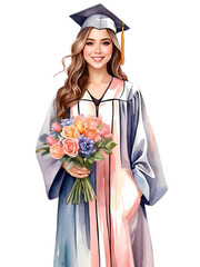 Watercolor illustration of a woman with long hair wearing grey color graduation gown, She holding flowers bouquet on her graduation's day. Successful. Celebrating day.  