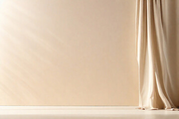 Naklejka na ściany i meble Minimalistic abstract gentle light beige background for product presentation with light and shadow of window curtains on wall.