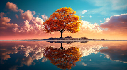 Reflections in nature. A tree is reflected in the water. Magical image composition.
