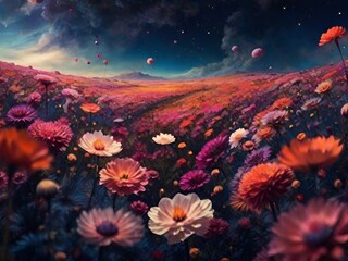 Fototapeta na wymiar Beautiful colorful flowers in a meadow at sunset in space. AI.
