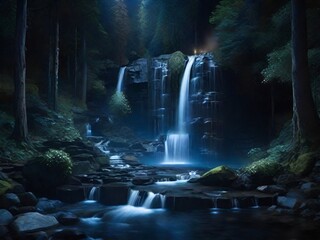beautiful waterfall in the forest at night. long exposure photo.  AI.