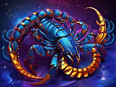 Illustration of a scorpion on a starry sky background. AI.