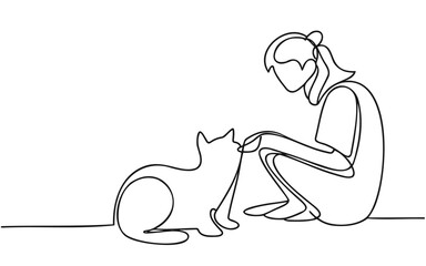 A cat and a person are shown in continuous line art. Vector illustration