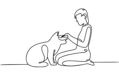A cat and a person are shown in continuous line art. Vector illustration