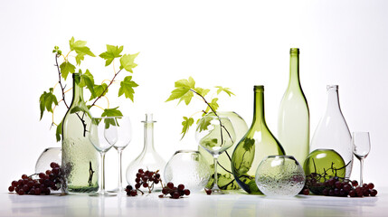 Wine bottles still life - compositions of different sized bottles and glasses with decorative...