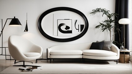"Minimalist Reverie: Black Oval Frame on White Canvas"