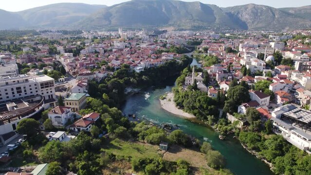 Aerial View of Mostar Old Town and River Neretva, Bosnia