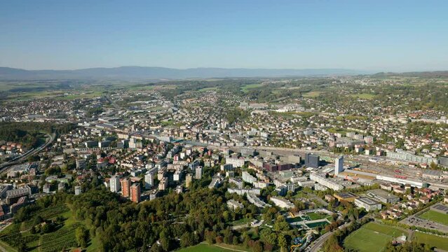 Aerial View Of Renens Town In The Canton of Vaud, Ouest Lausannois, Switzerland. 