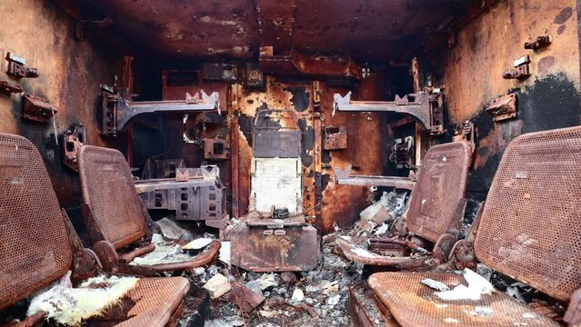 Reveal Inside Burnt Out BTR Armored Personnel Carrier Destroyed in Russia-Ukraine War