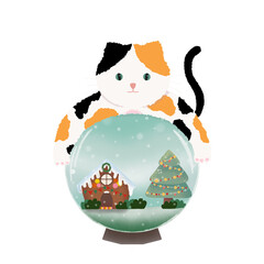 cute cat sit on snow globe, cute cat drawing png, Christmas day, snow globe drawing, christmas tree, cookies house in snow illustration