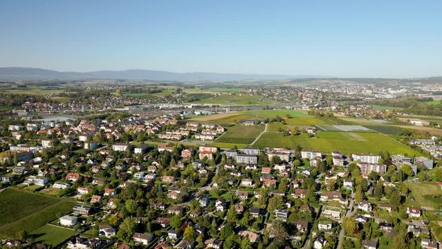 Panoramic Aerial Of Preverenges Town In The Swiss Canton Of Vaud, Morges, Switzerland. Aerial Shot