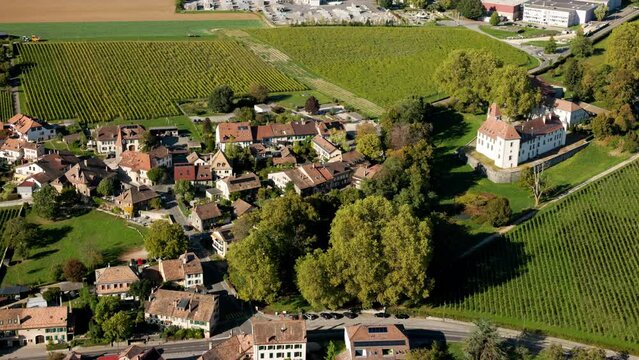 Castle And Medieval Village In Allaman With La C&ocirc;te Vineyard, Canton Of Vaud, Morges Switzerland. Aerial Shot