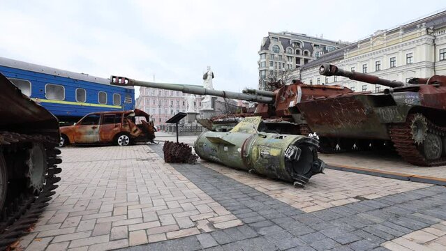 War Exhibition at Sophia Square in Kyiv Featuring Destroyed Russian Vehicles And Ukrainian Train Hit With Bullets