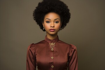Elegant African-American Lady Wearing Brown Garments against a Monochromatic Brown Backdrop