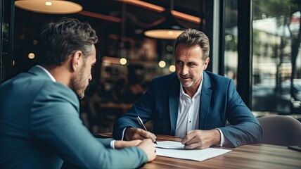 An insurance agent explaining liability coverage to a business owner, emphasizing risk mitigation