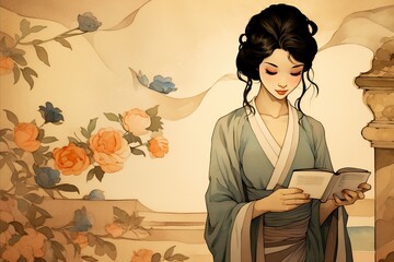 Intriguing Asian Woman in Exquisite Kimono Immersed in the Pleasure of Reading a Captivating Book
