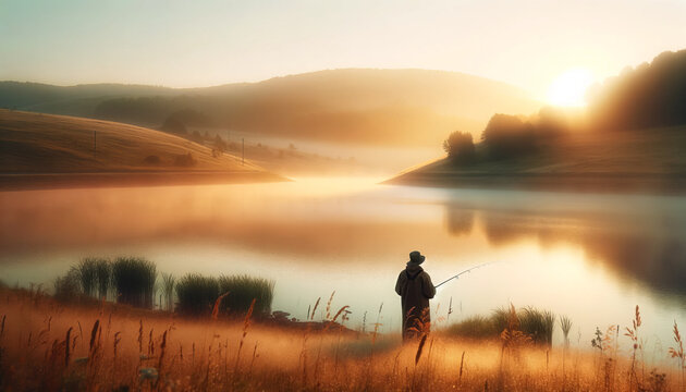 A figure fishing on a serene lake at dawn.; 16:9 image ratio; suitable for desktop