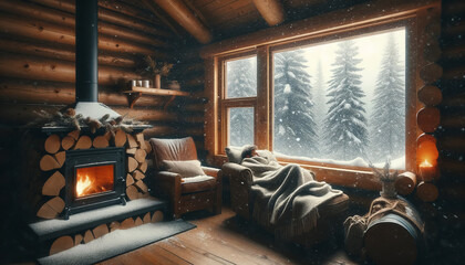 A person napping in a cozy cabin during a snowstorm.; 16:9 image ratio; suitable for desktop