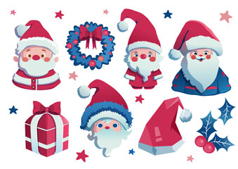 Santa Claus set with Christmas decorations, Santas character, Decorated for New Year's festival, Santa Claus character  vector set.