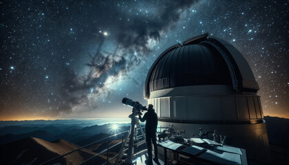An astronomer gazing at the stars from a mountain observatory; 16:9 image ratio; suitable for desktop