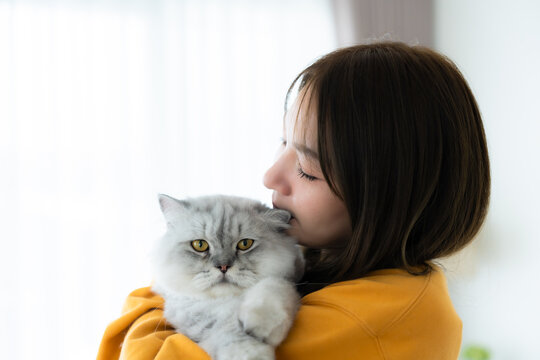 Portrait of young Asian woman holding cute cat. Female hugging her cute long hair kitty. Adorable pet concept