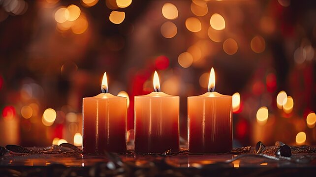 Close-up shots of lit Christmas candles and their flickering flames, capturing the ambiance of candlelight