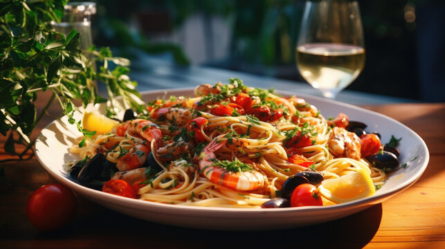 Italian Traditional seafood spaghetti. Seafood pasta made from spaghetti with mixed seafood,cherry tomatoes on white plate with a glass of wine