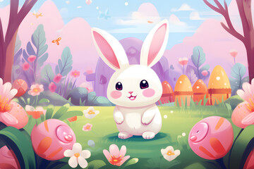 cute Easter rabbit and eggs on a meadow