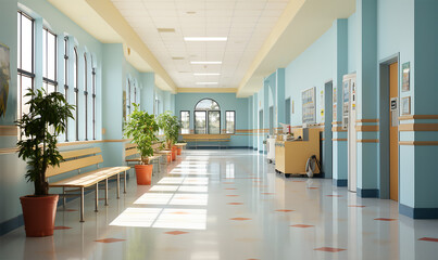 Bright White School Corridor with Natural Light