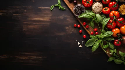 Foto op Plexiglas Italian food ingredients on dark background .Food ingredients for italian pasta, spaghetti on black stone slate background. Copy space of your text. Banner. © Planetz