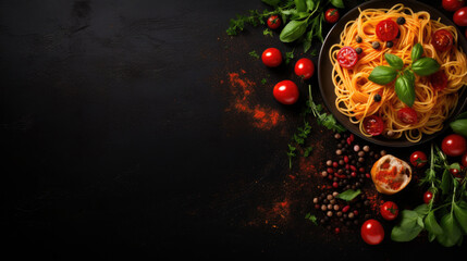 Food ingredients for italian pasta, spaghetti on black stone slate background. Copy space of your text. Banner. - obrazy, fototapety, plakaty
