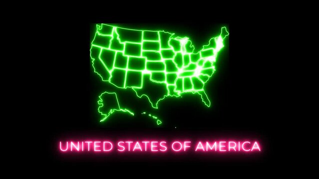 Animated USA map neon glow blinking for background of technology or business purpose