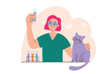 Veterinarian running tests for domestic animal, female doctor with cat in lab, character holding test tube, hand drawn composition, vector illustration for vet clinic and laboratory, colored clipart